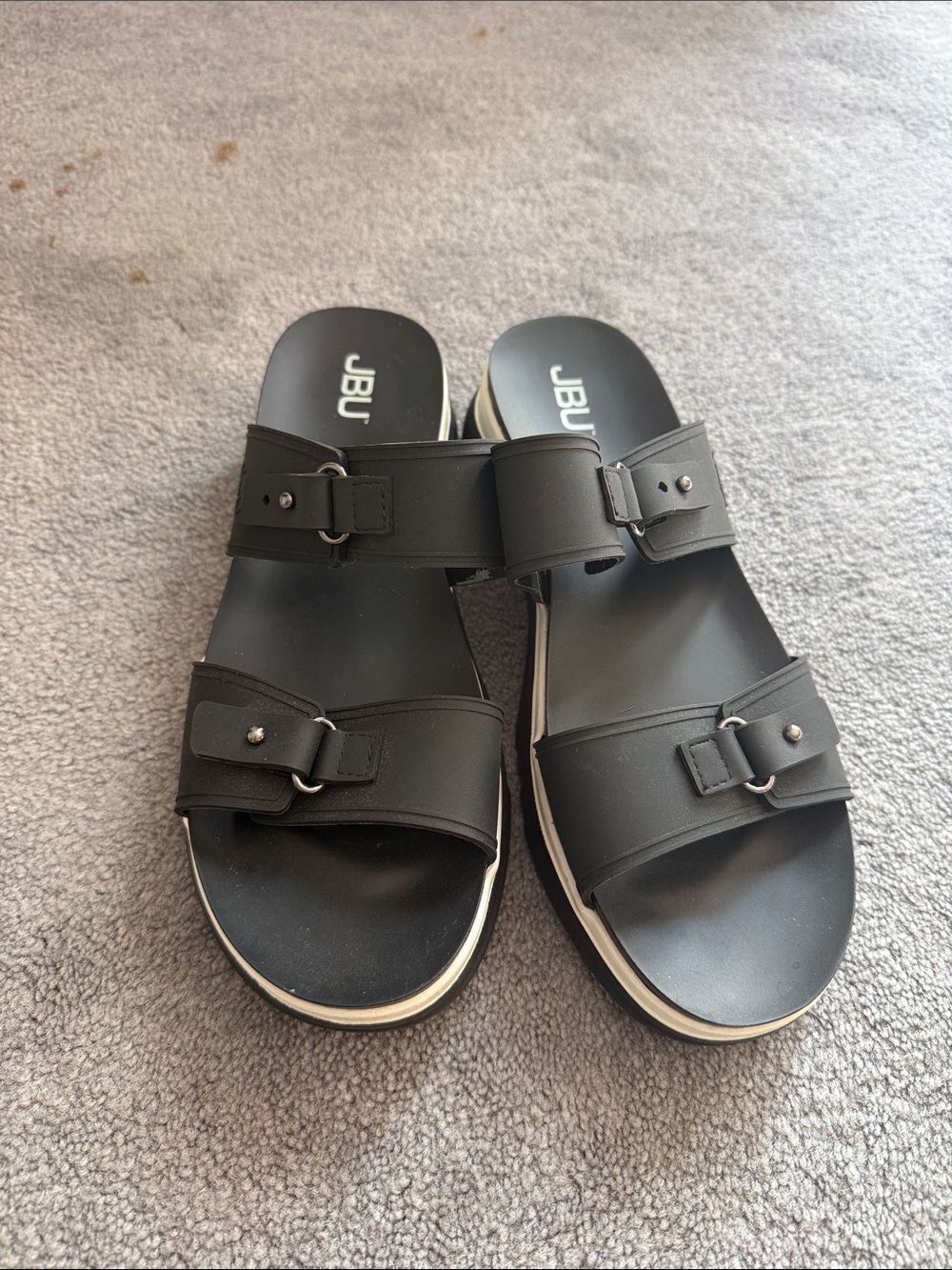 JBU Black Double-Strap Slide Sandals with Buckle Accents